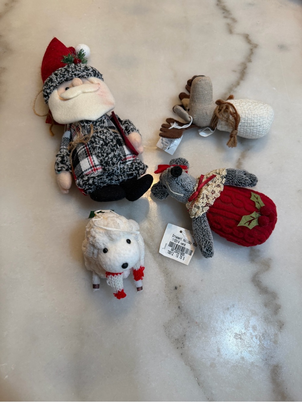 Plush Holiday Santa and Animal Ornaments in Red, Gray, White